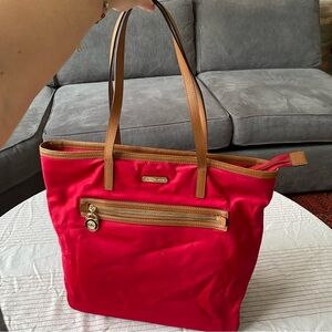 Michael Kors Red Tote Bag with Tan Leather Accents gold accents